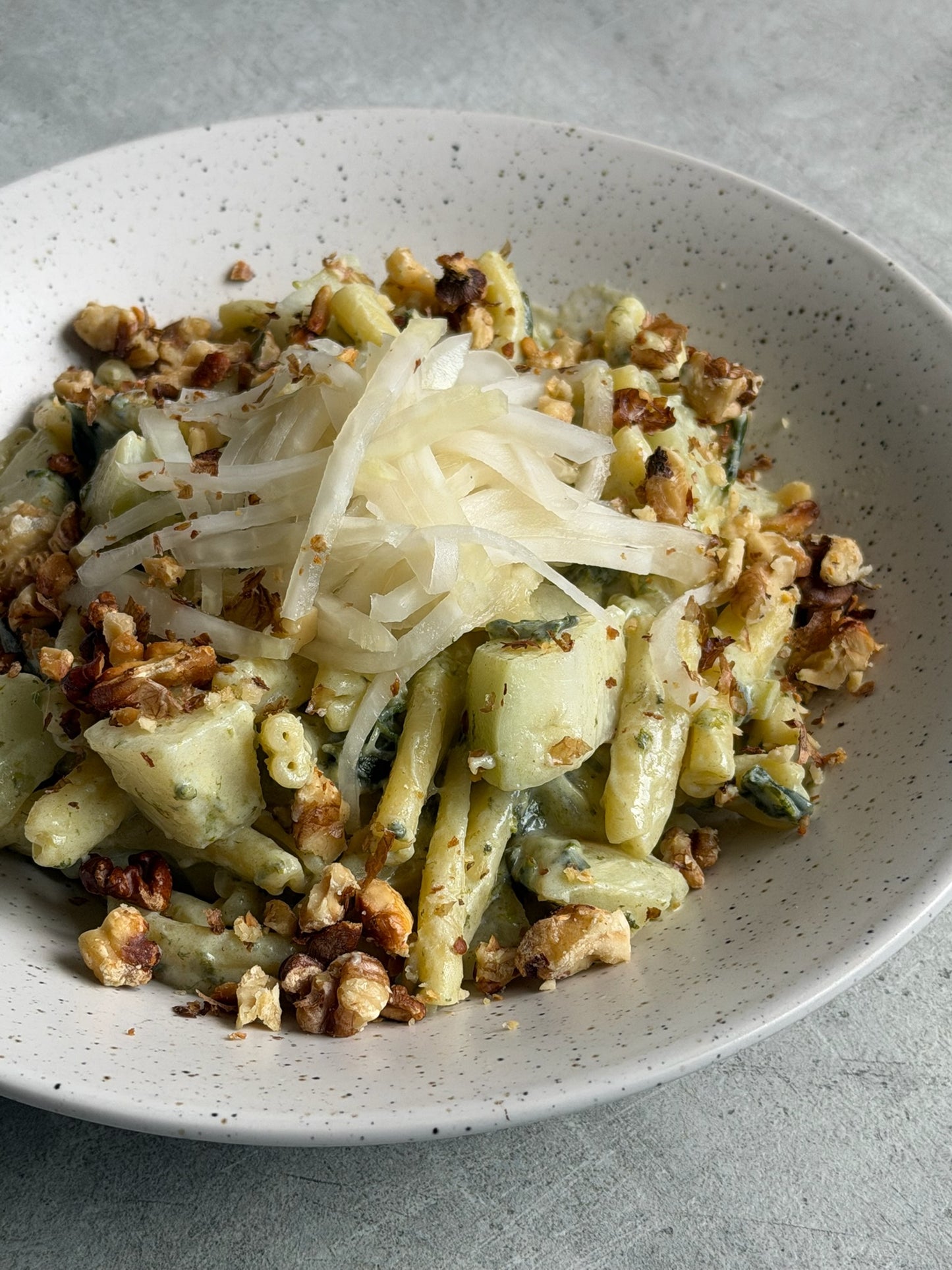 Casareccie with White Kohlrabi Sugo, Toasted Walnuts & Fresh Pickles