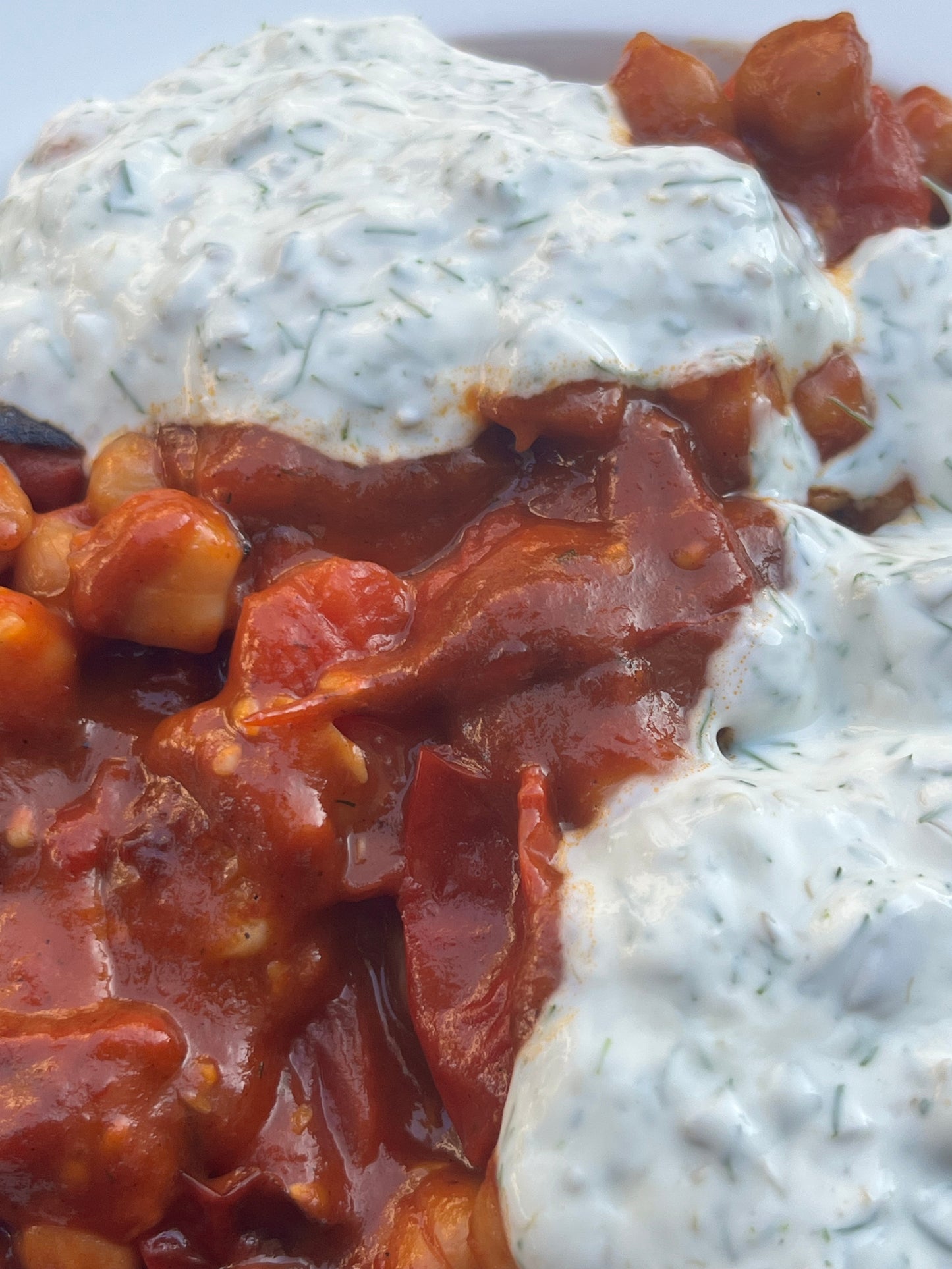 Blistered Tomato & Harissa Chickpea Stew with Herby Garlic Yogurt