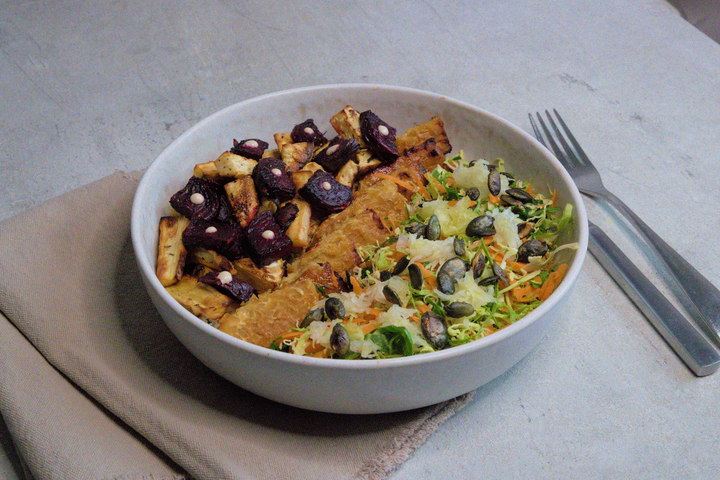 Roasted Root Vegetable Bowl with Miso-Ginger Tempeh