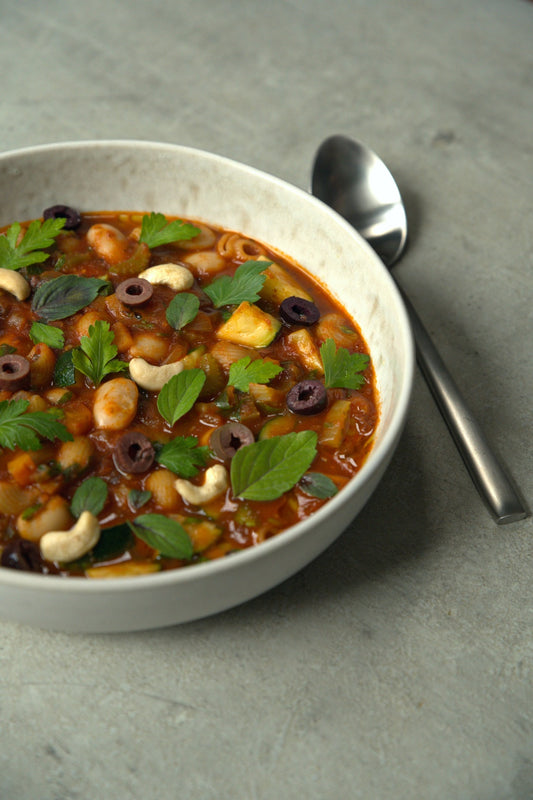 Summer Minestrone with Giant Beans & Olive Finish