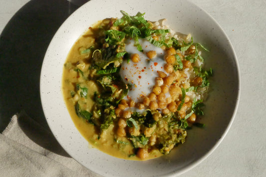 Healing Chickpea Stew with Seasonal Leafy Greens, Wholegrain Basmati Rice, Coconut Yogurt & Anti-Inflammatory Tadka
