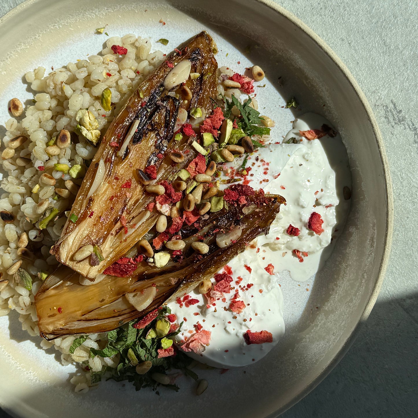 Balsamic Caramelized Endive & Burrata with Barley, Confit Garlic, Strawberries & Fresh Mint