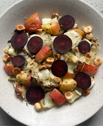 Honey Mustard Roast Cabbage with Miso-Infused Lentils Quinoa, Golden Apple  & Purple Carrot