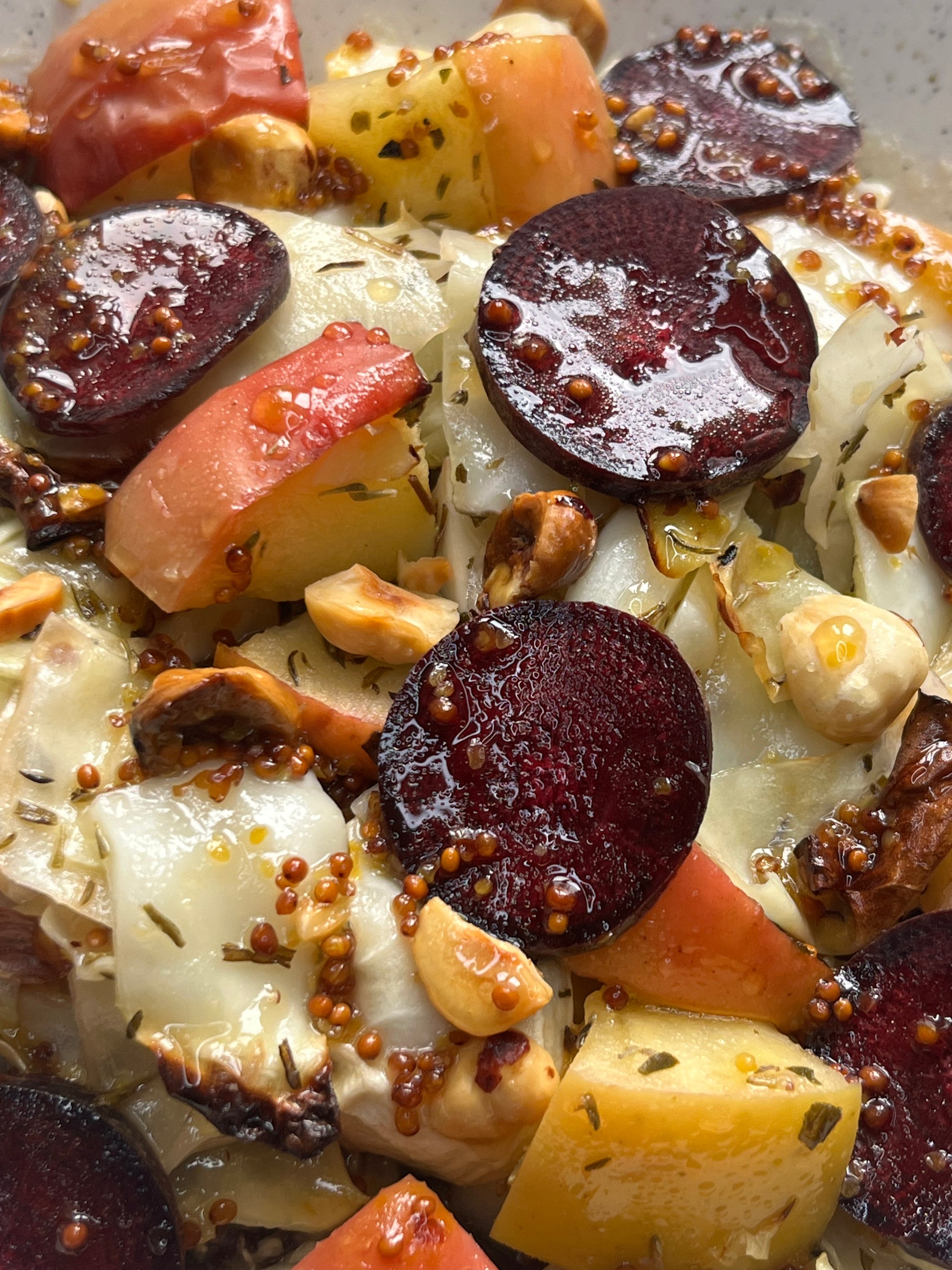 Honey Mustard Roast Cabbage with Miso-Infused Lentils Quinoa, Golden Apple  & Purple Carrot