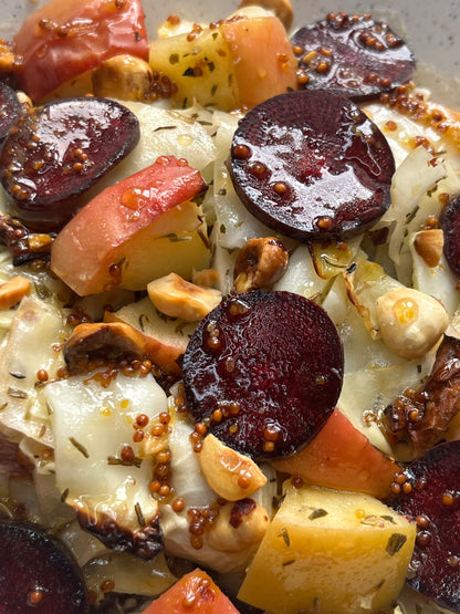 Honey Mustard Roast Cabbage with Miso-Infused Lentils Quinoa, Golden Apple  & Purple Carrot