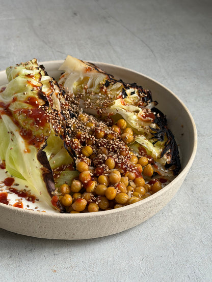 Charred Hispi Cabbage with Garlic Yogurt, Harissa & Crispy Chickpeas