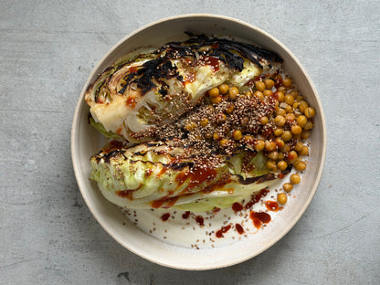 Charred Hispi Cabbage with Garlic Yogurt, Harissa & Crispy Chickpeas