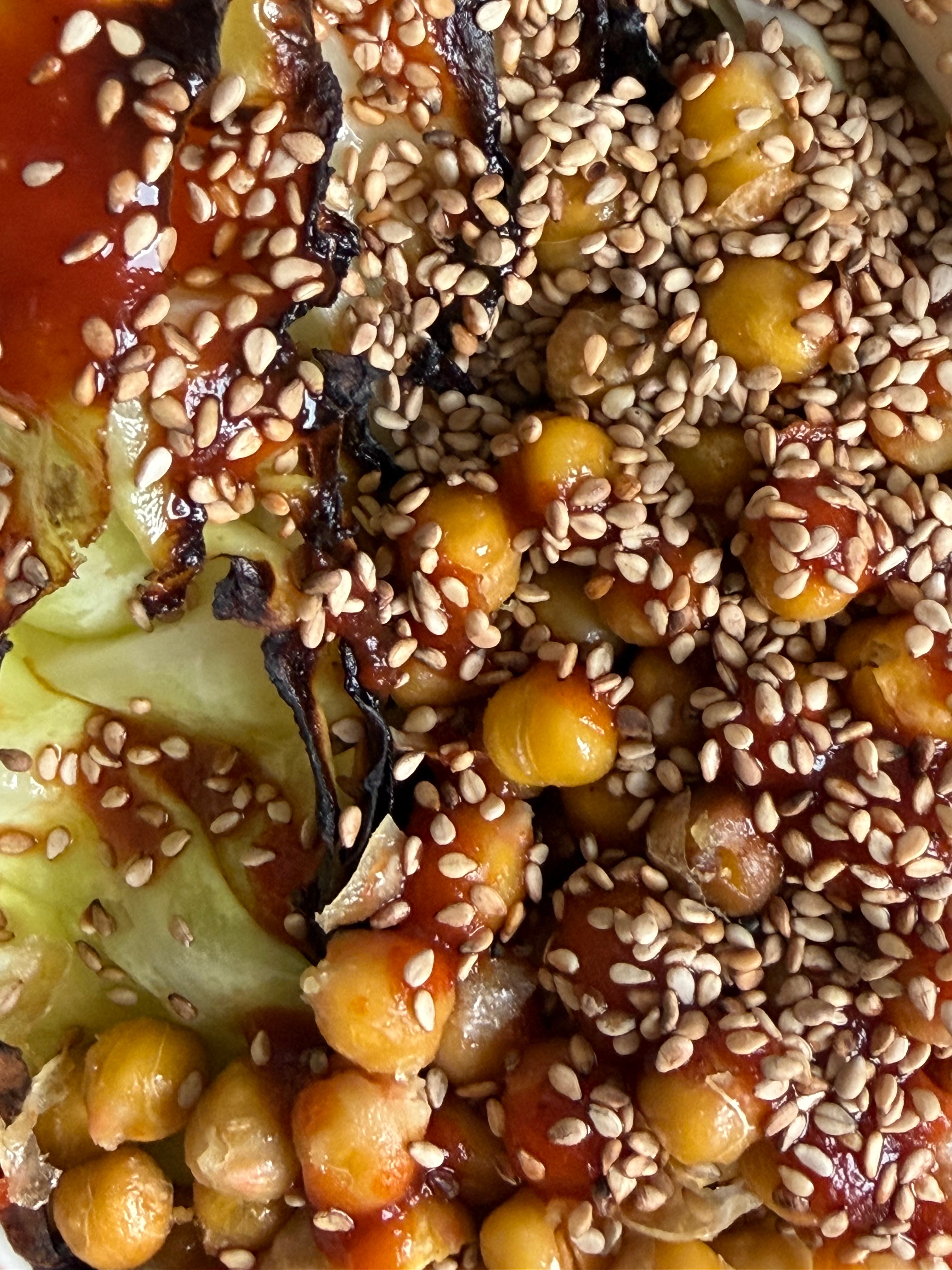 Image of Charred Hispi Cabbage with Garlic Yogurt, Harissa & Crispy Chickpeas