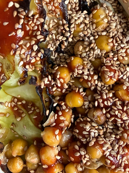 Charred Hispi Cabbage with Garlic Yogurt, Harissa & Crispy Chickpeas