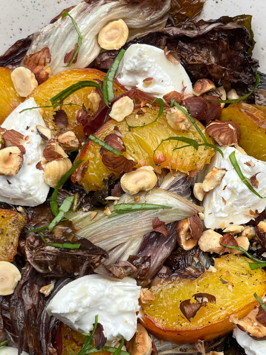 Roasted Peaches & Radicchio with Sherry Vinaigrette, Cannellini Beans, and Buffalo Burrata