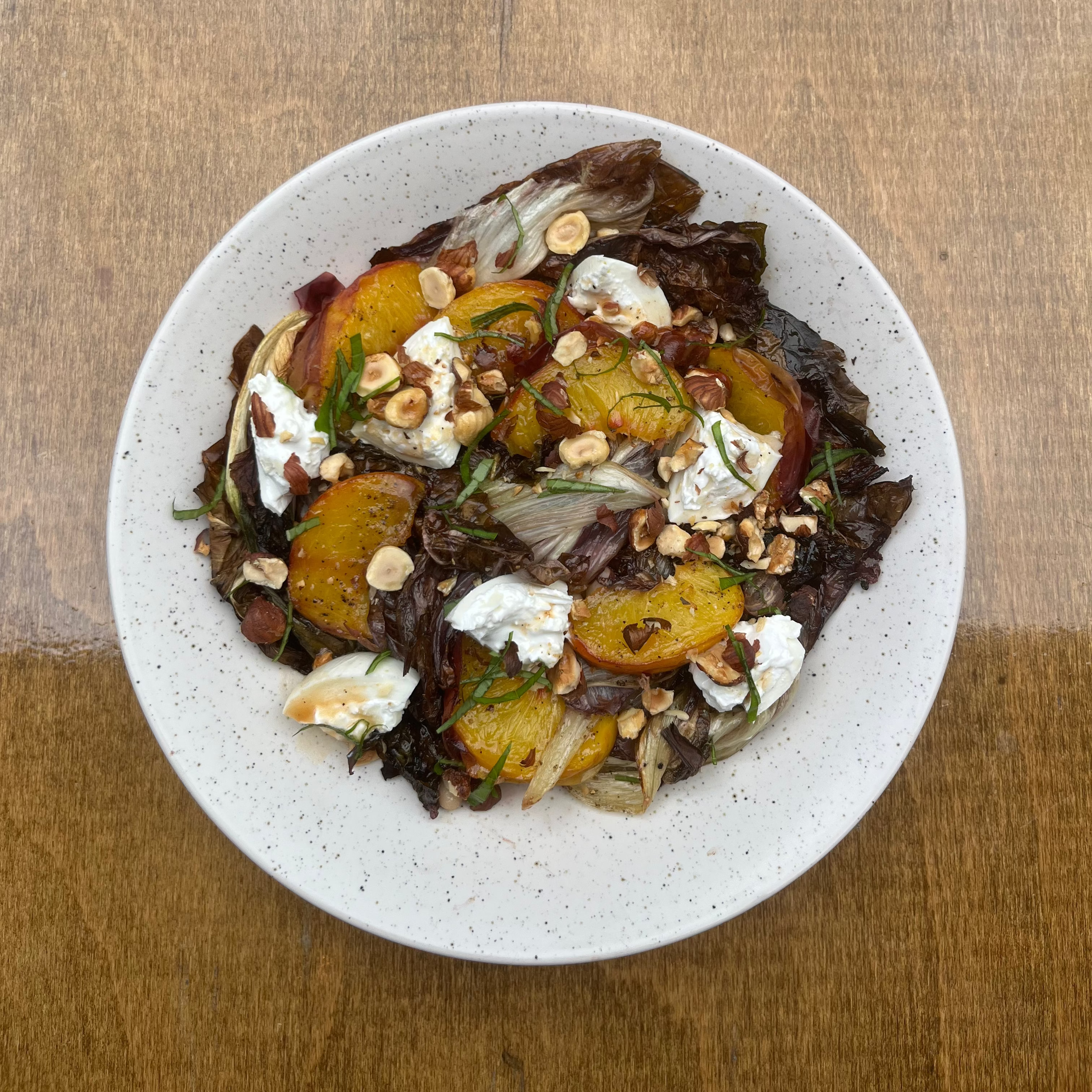 Image of Roasted Peaches & Radicchio with Sherry Vinaigrette, Cannellini Beans, and Buffalo Burrata
