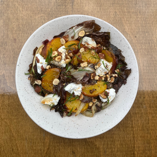 Roasted Peaches & Radicchio with Sherry Vinaigrette, Cannellini Beans, and Buffalo Burrata