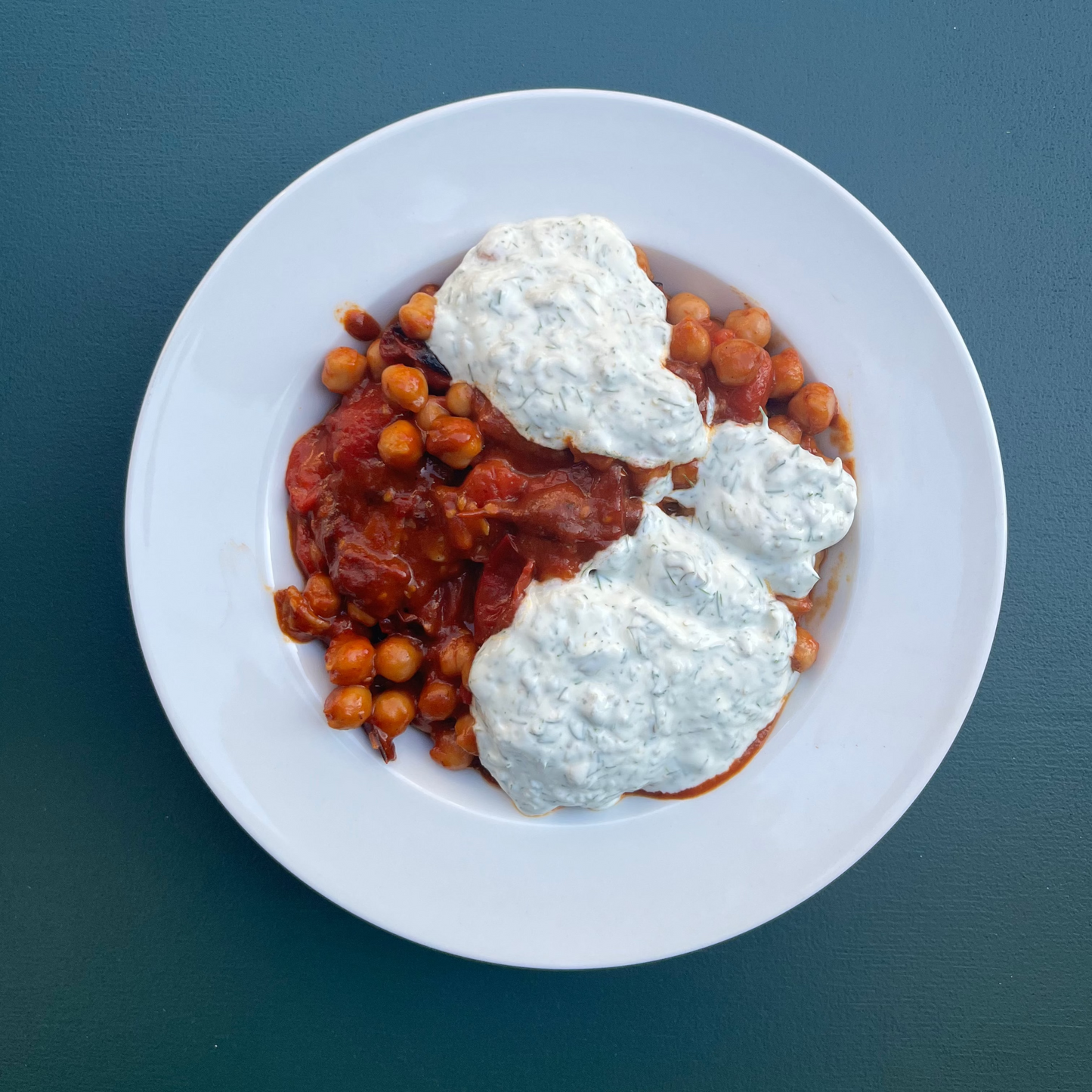Blistered Tomato & Harissa Chickpea Stew with Herby Garlic Yogurt