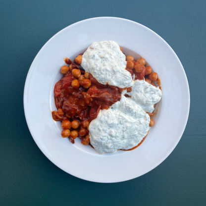 Blistered Tomato & Harissa Chickpea Stew with Herby Garlic Yogurt