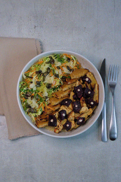 Roasted Root Vegetable Bowl with Miso-Ginger Tempeh