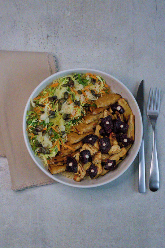 Roasted Root Vegetable Bowl with Miso-Ginger Tempeh