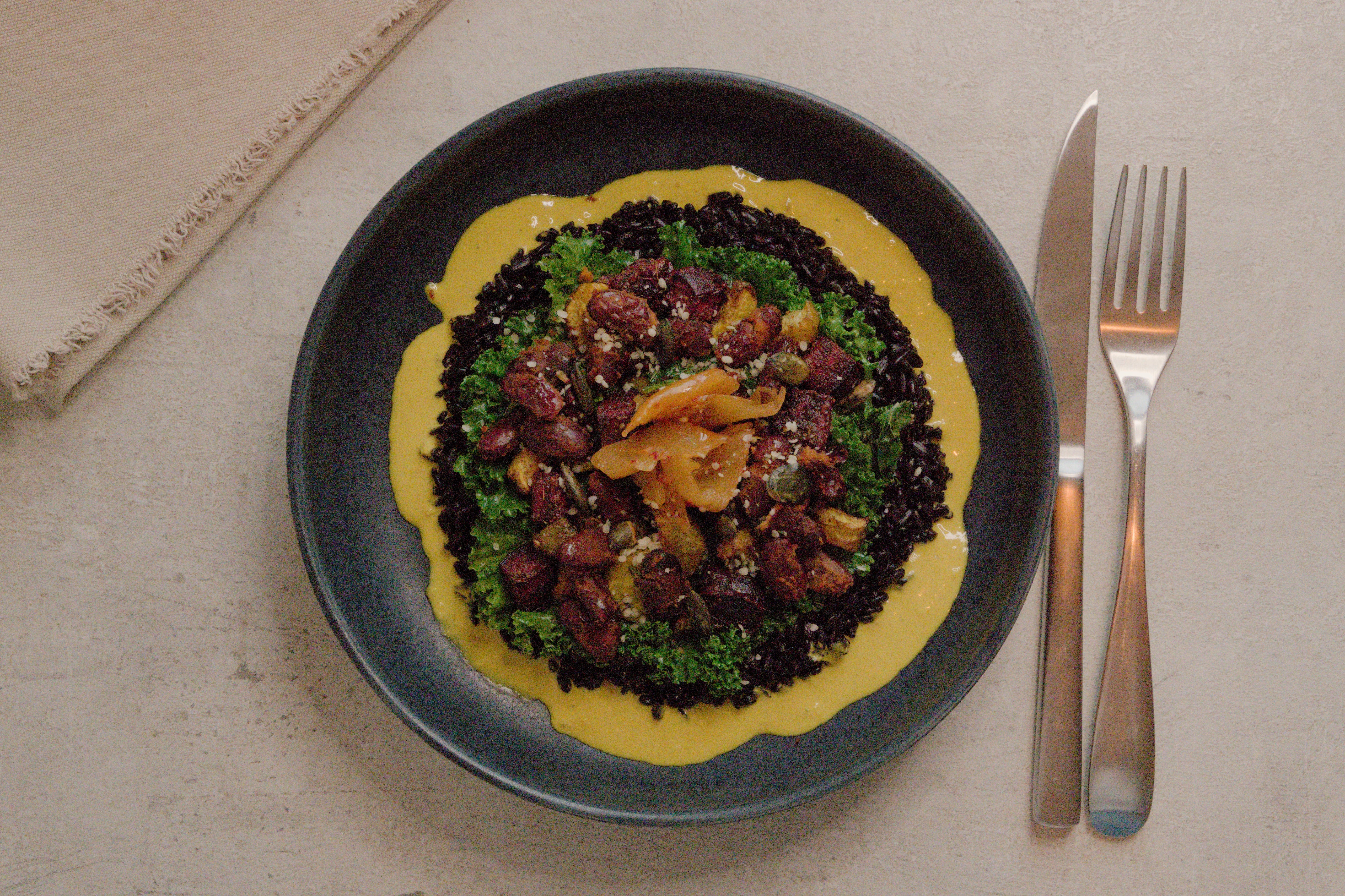 Image of Fermented Black Rice Bowl with Ginger-Turmeric Vegetables & Kidney Beans