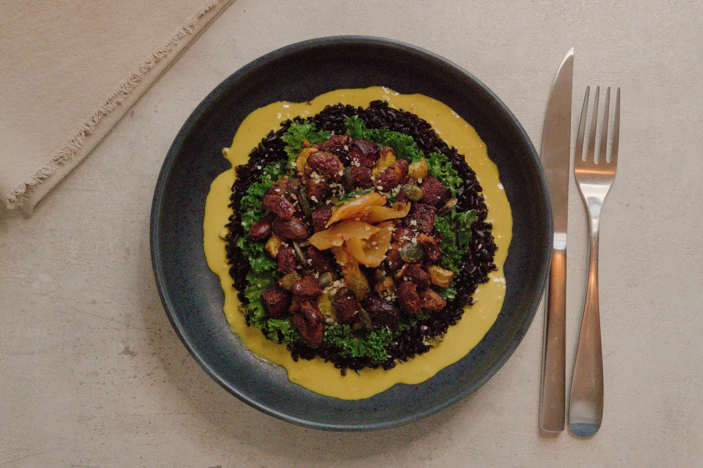 Fermented Black Rice Bowl with Ginger-Turmeric Vegetables & Kidney Beans