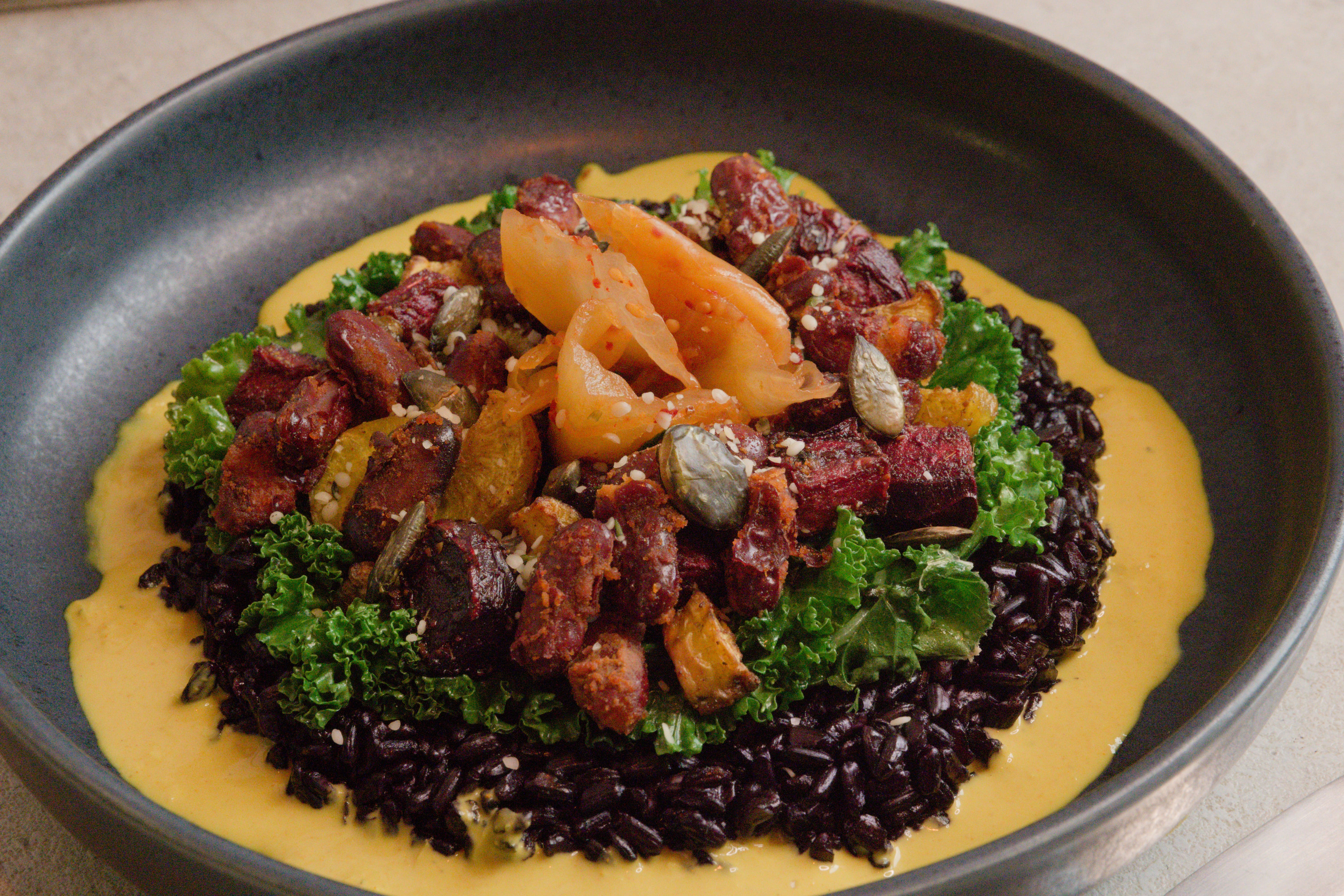 Image of Fermented Black Rice Bowl with Ginger-Turmeric Vegetables & Kidney Beans