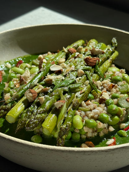 Pan-Seared Green Asparagus & Buckwheat, Edamame, Peas Bowl with Wild Garlic & Fresh Herbs Pesto