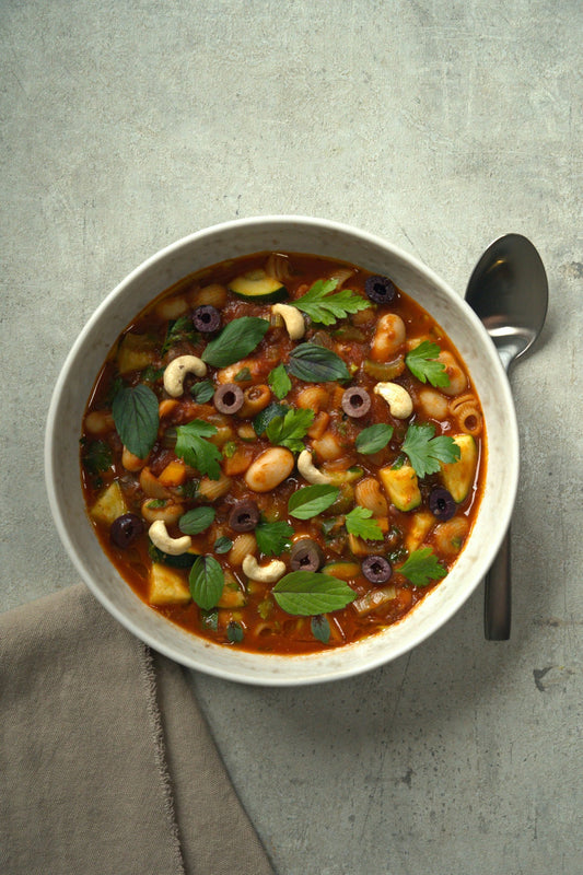 Summer Minestrone with Giant Beans & Olive Finish