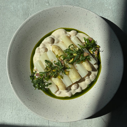 White Asparagus & Chickpeas Umami Glow with Sichuan Potato Salad, Fresh Herbs & Pistachios