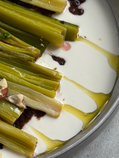 Velvety Cacao & Cumin Black Beans with Sweet Tajine-Style Plums, Charred Leek & Whipped Goat Cheese