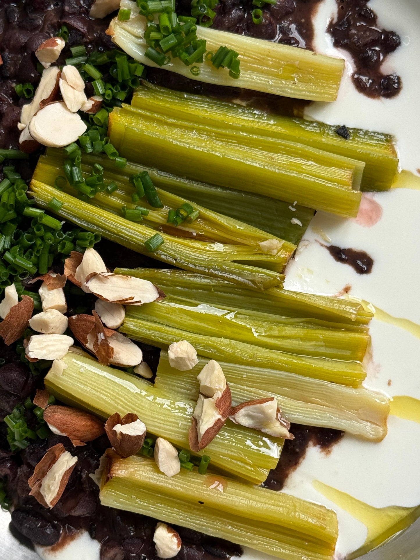 Velvety Cacao & Cumin Black Beans with Sweet Tajine-Style Plums, Charred Leek & Whipped Goat Cheese