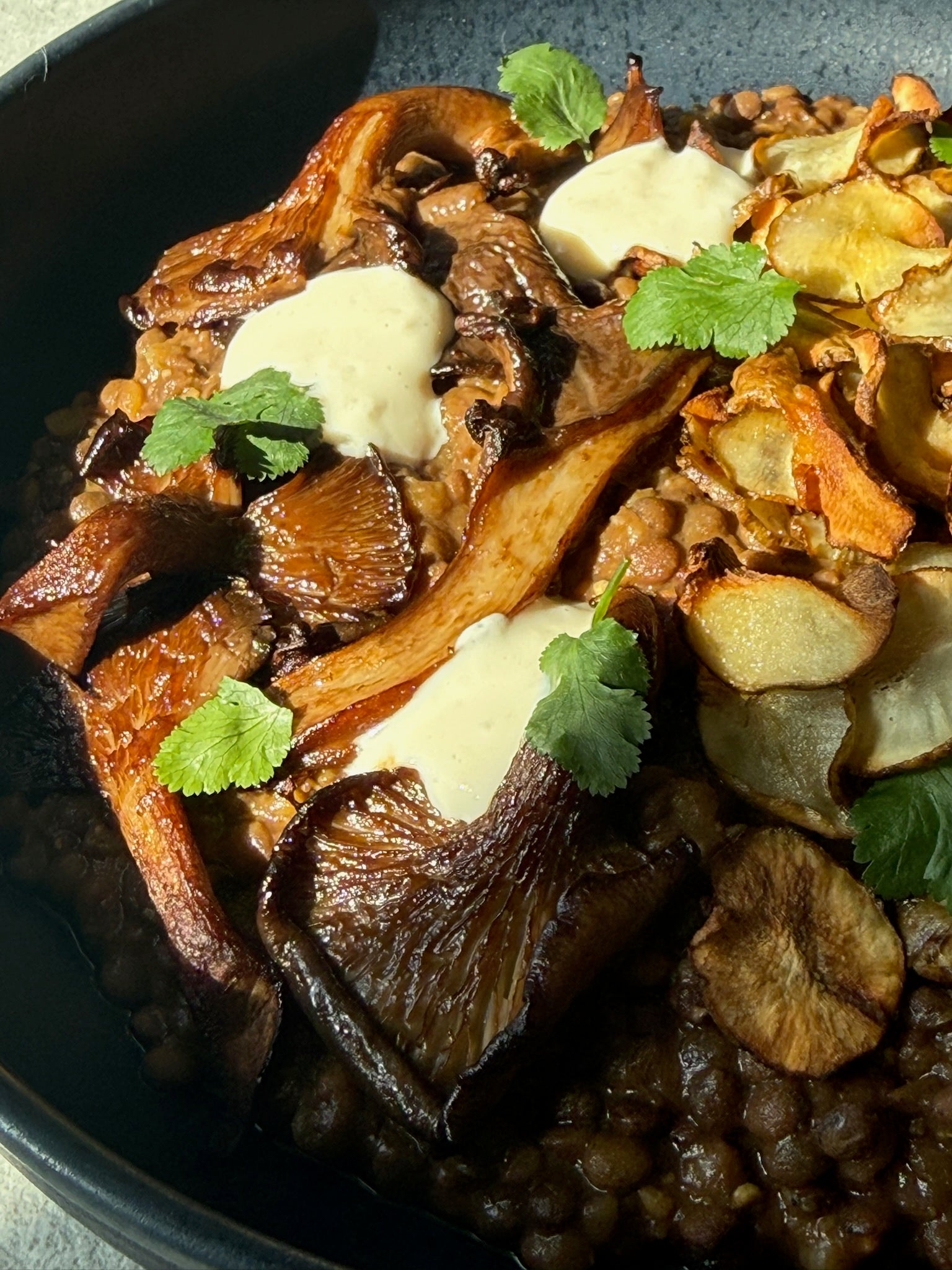 Glazed Oyster Mushroom  with Spiced Lentils, Crispy Topinambur, Tofu–Horseradish Cream & Fresh Coriander