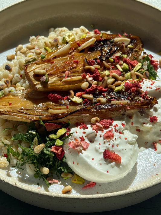 Balsamic Caramelized Endive & Burrata with Barley, Confit Garlic, Strawberries & Fresh Mint