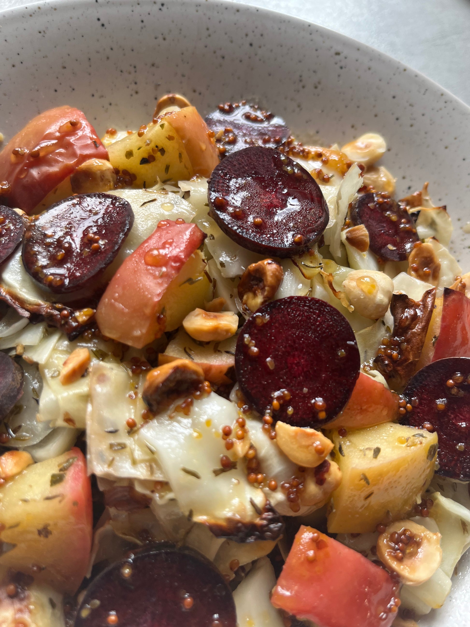 Honey Mustard Roast Cabbage with Miso-Infused Lentils Quinoa, Golden Apple  & Purple Carrot