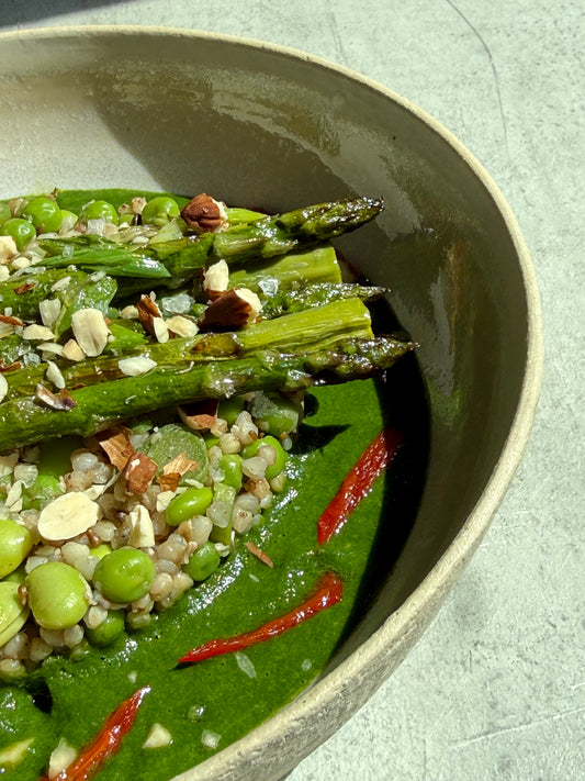 Pan-Seared Green Asparagus & Buckwheat, Edamame, Peas Bowl with Wild Garlic & Fresh Herbs Pesto