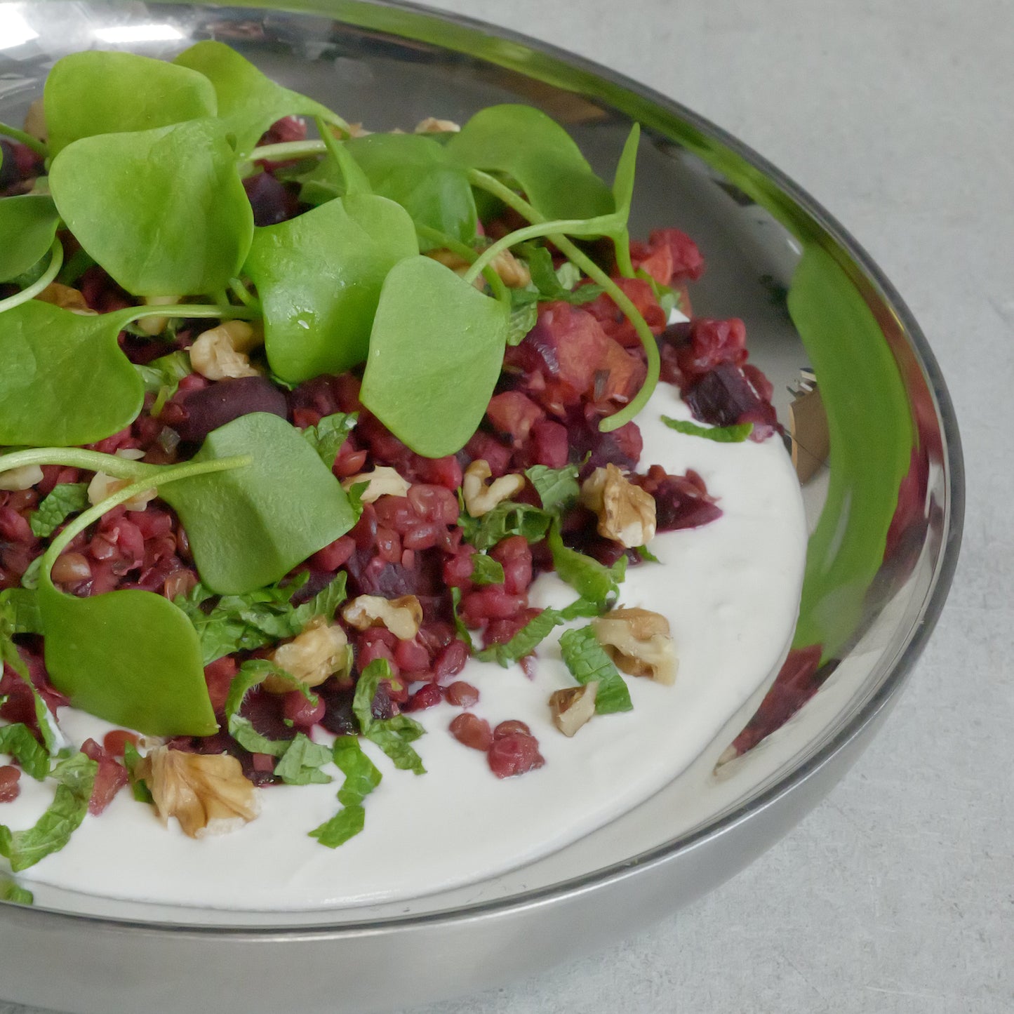 Salad with red and green elements on a metal plate against a gray background