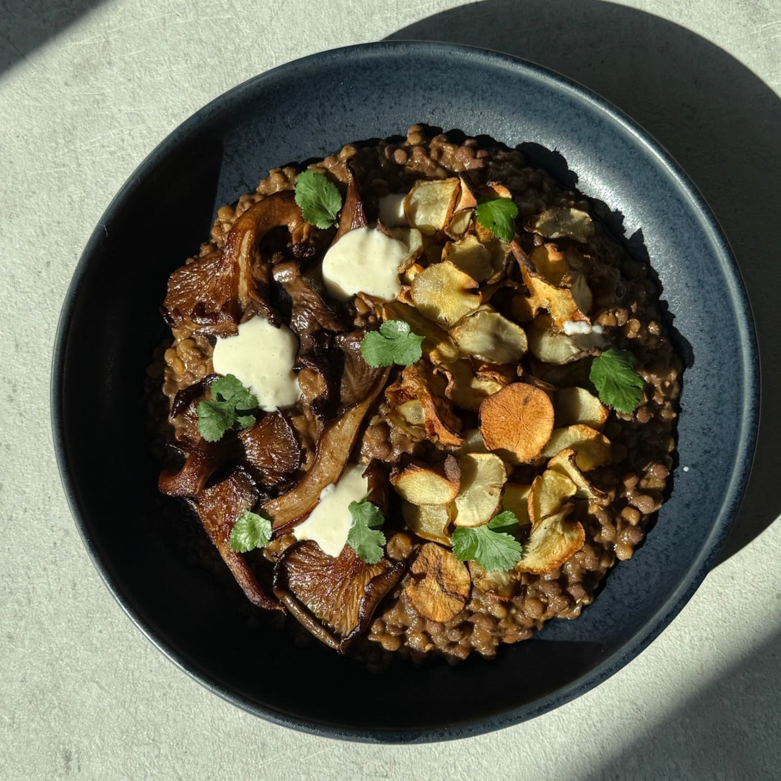 Glazed Oyster Mushroom  with Spiced Lentils, Crispy Topinambur, Tofu–Horseradish Cream & Fresh Coriander