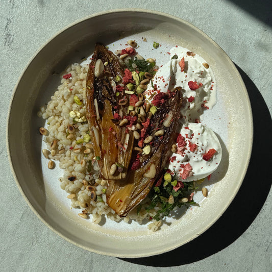 Balsamic Caramelized Endive & Burrata with Barley, Confit Garlic, Strawberries & Fresh Mint