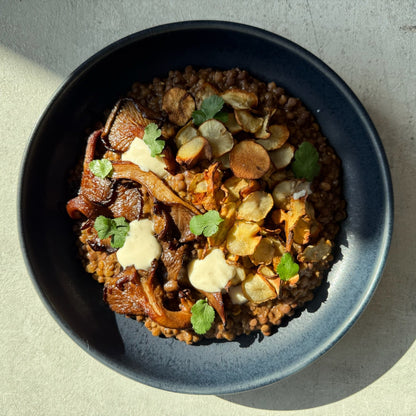 Glazed Oyster Mushroom  with Spiced Lentils, Crispy Topinambur, Tofu–Horseradish Cream & Fresh Coriander