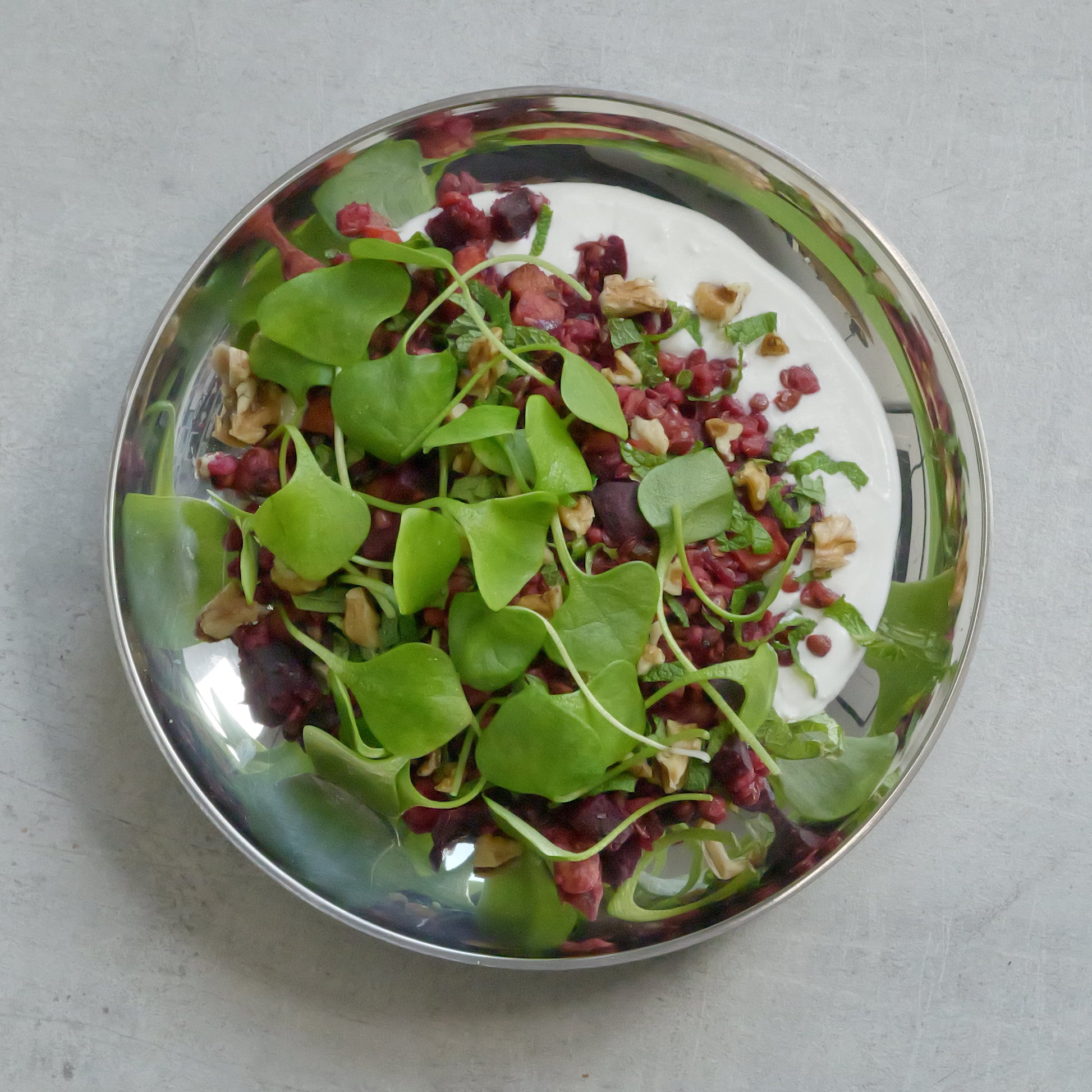 Plated salad with greens and roots on a gray surface