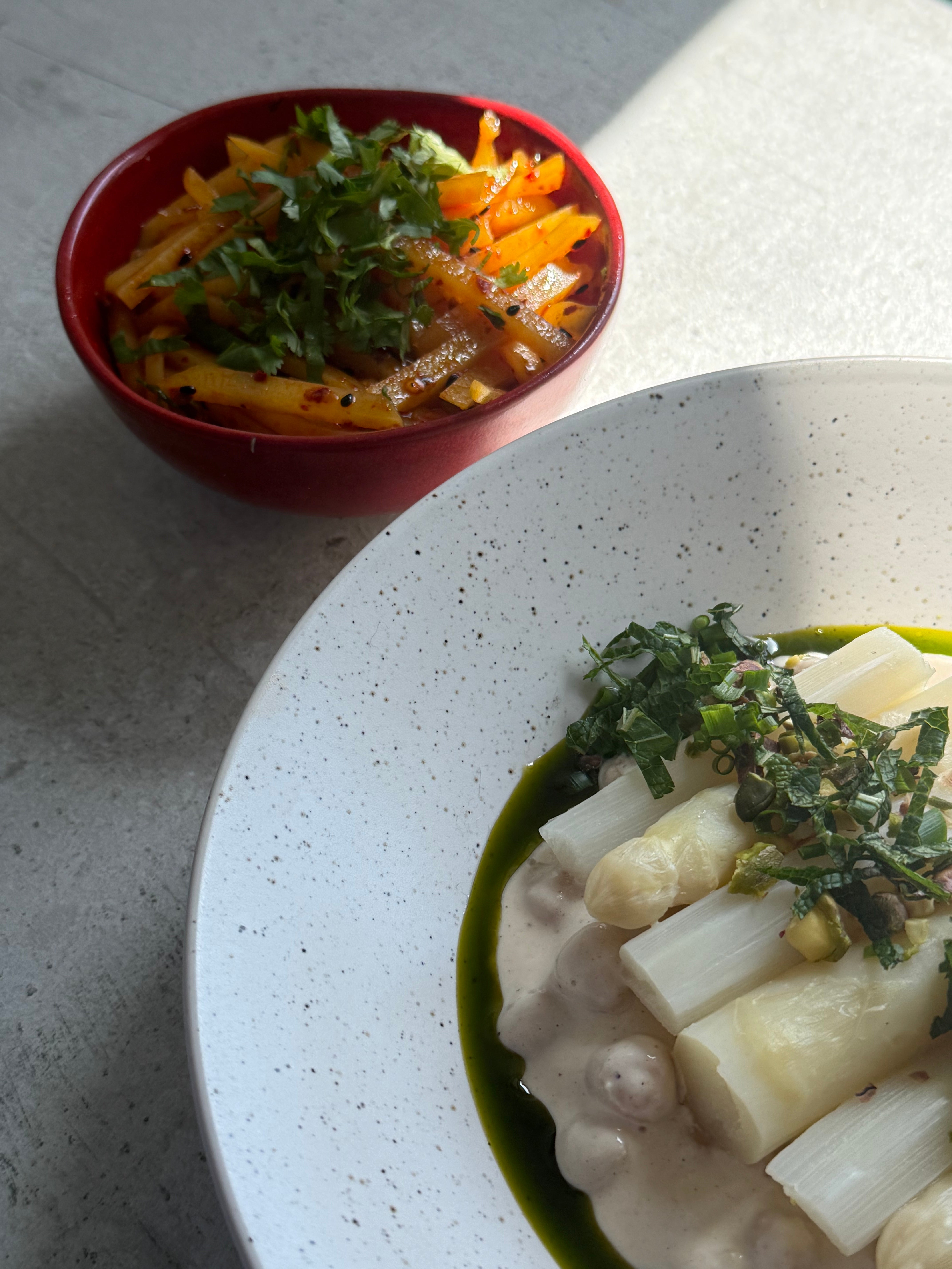 Image of White Asparagus & Chickpeas Umami Glow with Sichuan Potato Salad, Fresh Herbs & Pistachios