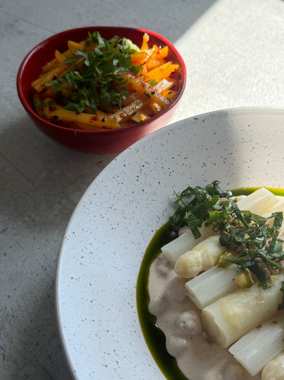 White Asparagus & Chickpeas Umami Glow with Sichuan Potato Salad, Fresh Herbs & Pistachios