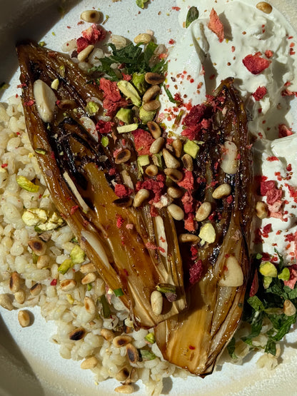 Balsamic Caramelized Endive & Burrata with Barley, Confit Garlic, Strawberries & Fresh Mint