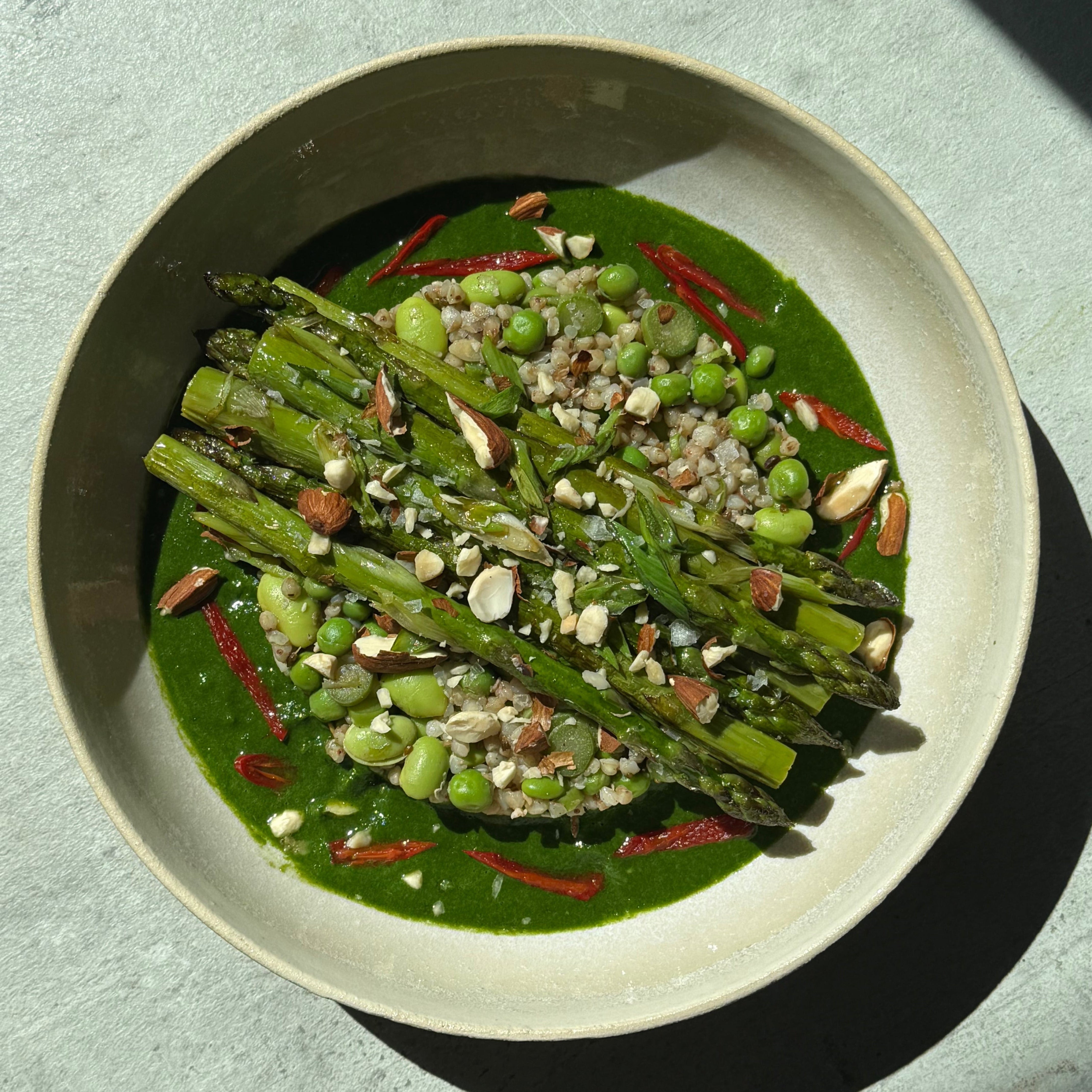 Image of Pan-Seared Green Asparagus & Buckwheat, Edamame, Peas Bowl with Wild Garlic & Fresh Herbs Pesto
