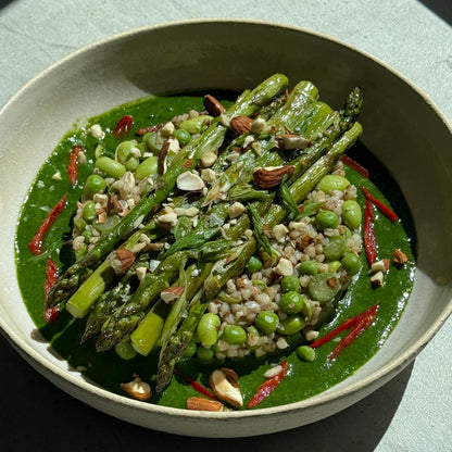Pan-Seared Green Asparagus & Buckwheat, Edamame, Peas Bowl with Wild Garlic & Fresh Herbs Pesto